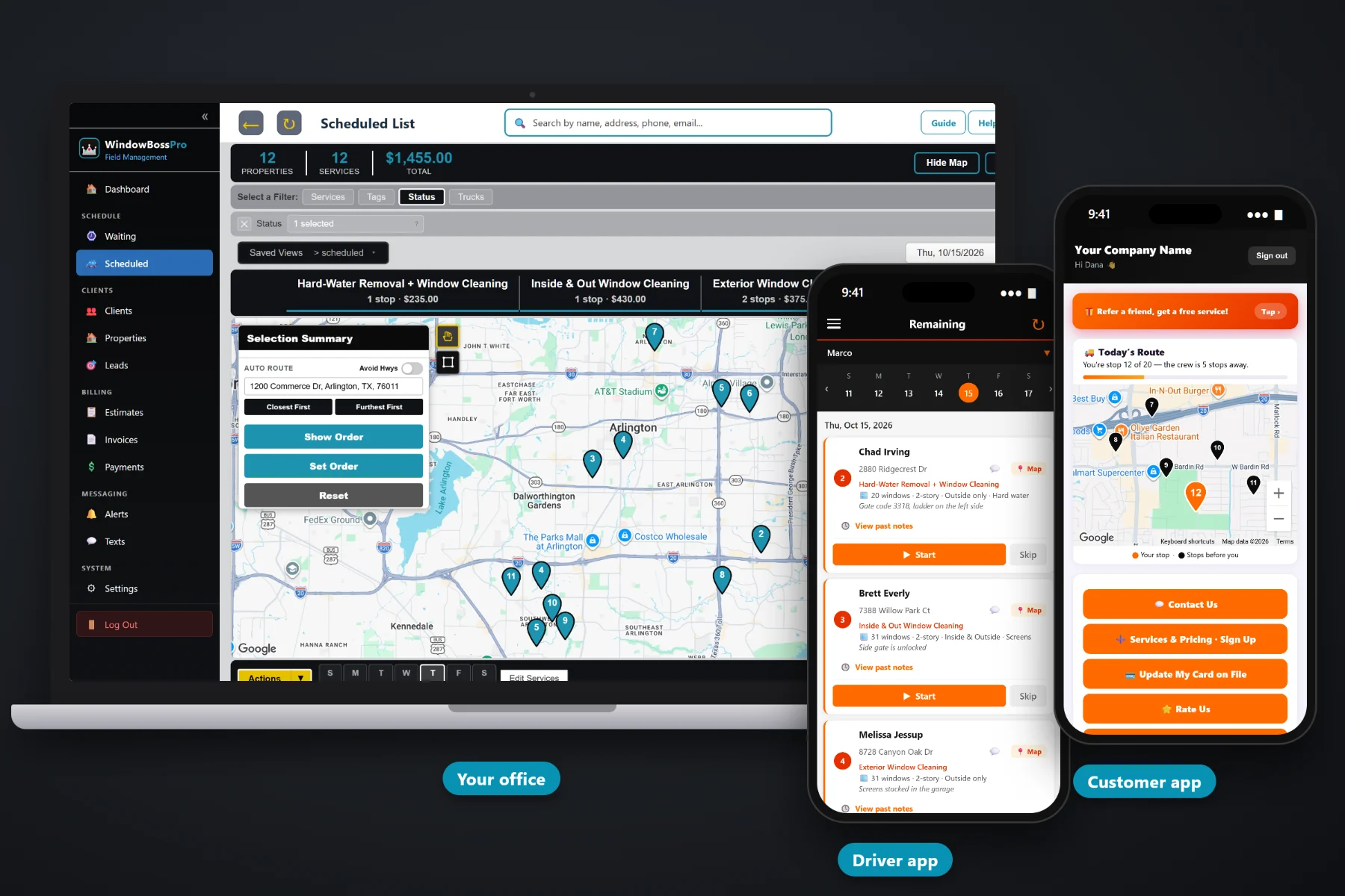 WindowBossPro showing a storefront window cleaning route with each business's window count, sides and access notes under the address